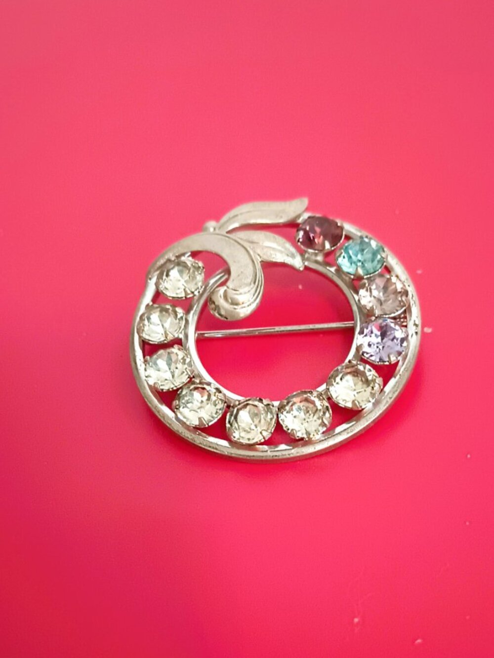 Van Dell Vtg 925 Multicolor Brooch Sterling Silver Mid-Century Round Leaf Pin